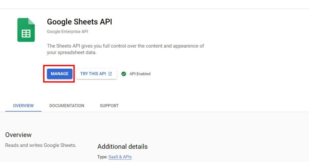Google cloud Google Sheets Manage API