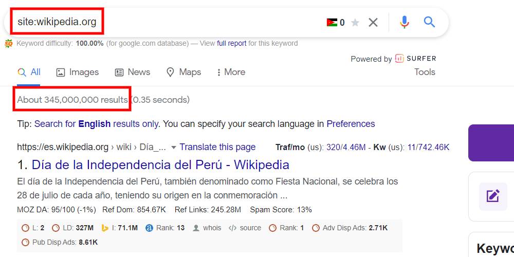 Google SERP number of indexed pages