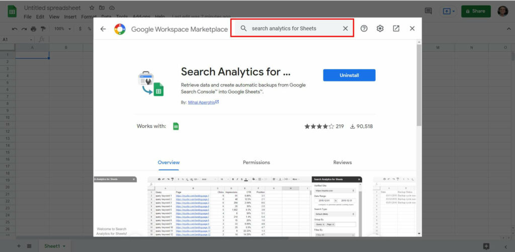 Install Search Analytics for Sheets